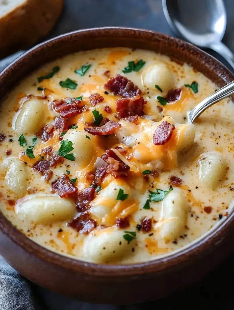 Bacon cheddar gnocchi soup in a bowl, garnished and ready to serve.
