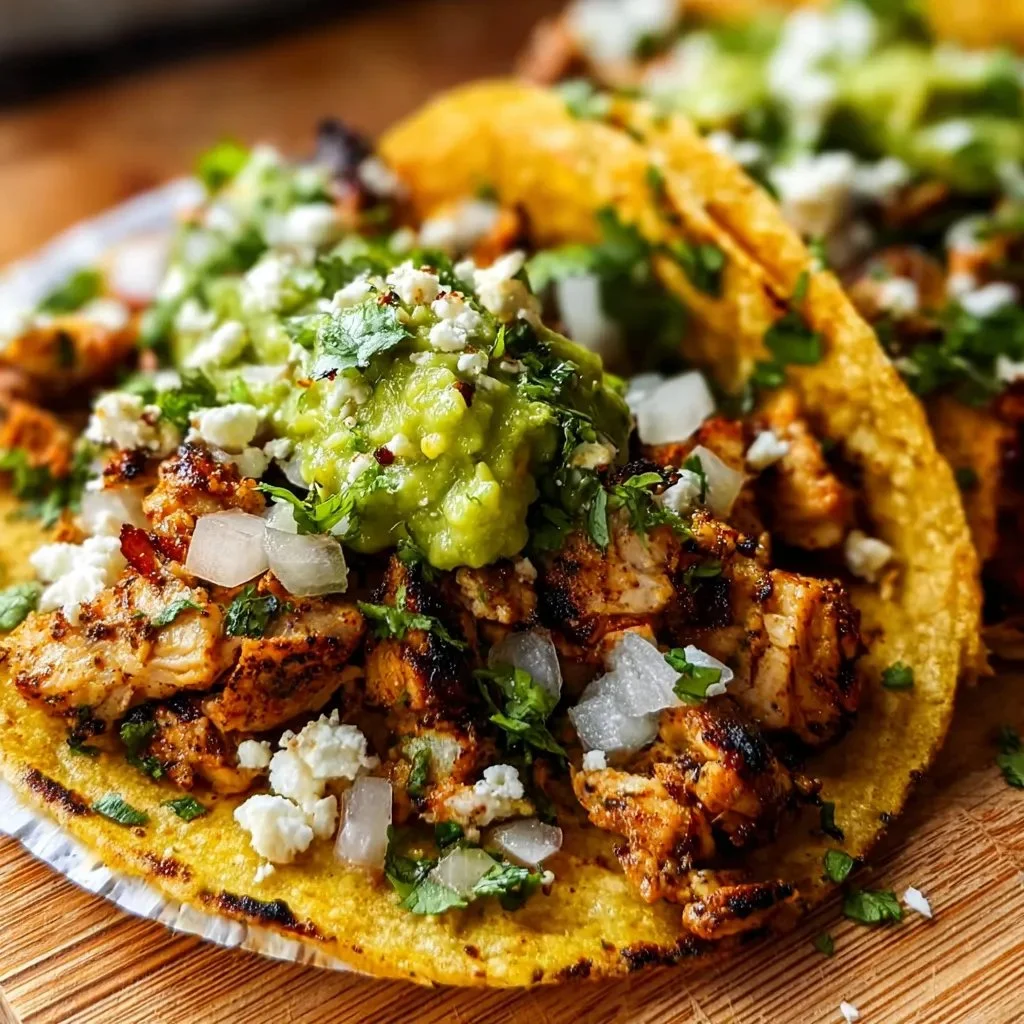 Delicious Chicken Tacos topped with fresh cilantro and onions on a street-side stand.