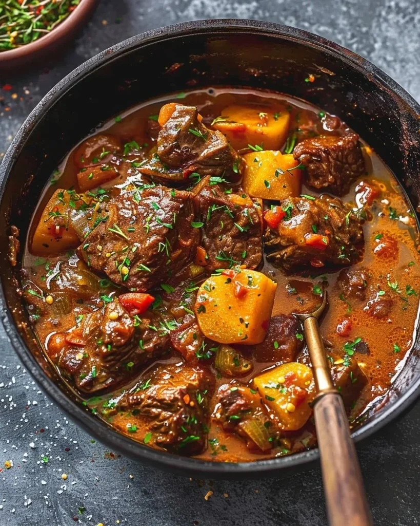 Classic beef stew simmering in a pot with vegetables and herbs