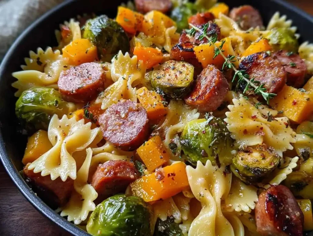 Delicious autumn sausage pasta squash dish garnished with herbs.