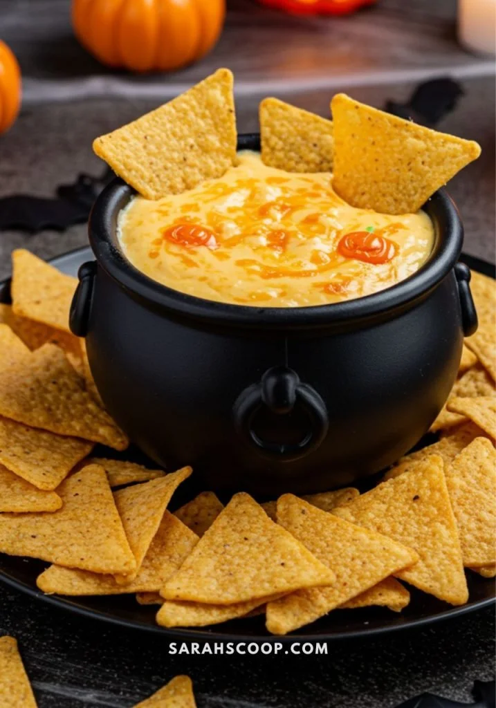 Bubbling Cauldron Cheese Dip served in a rustic bowl with tortilla chips