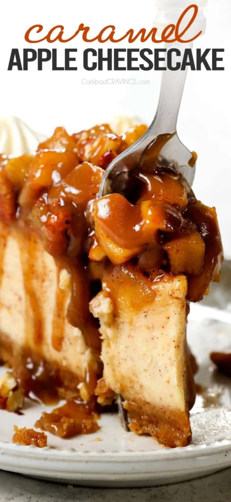 Delicious Caramel Apple Cheesecake topped with caramel drizzle and apple slices