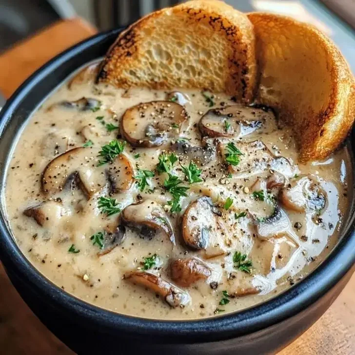 Bowl of creamy mushroom soup topped with herbs for a flavorful comfort dish