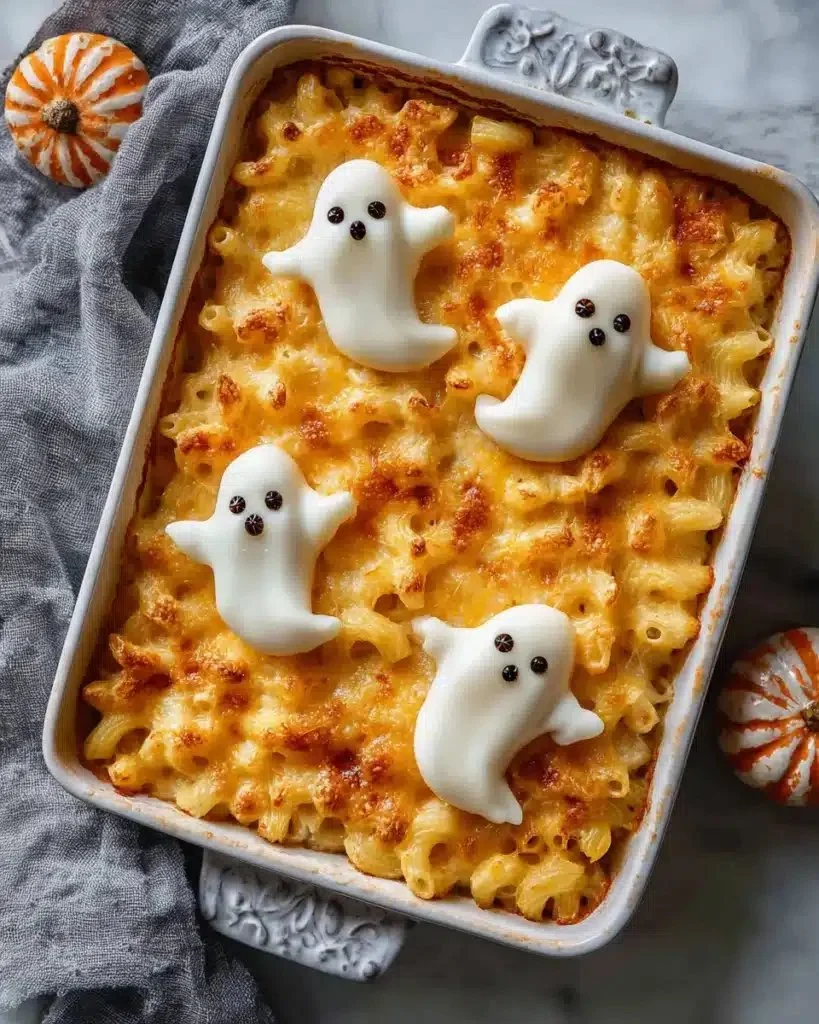 Creamy baked mac and cheese served in a spooky Halloween-themed dish