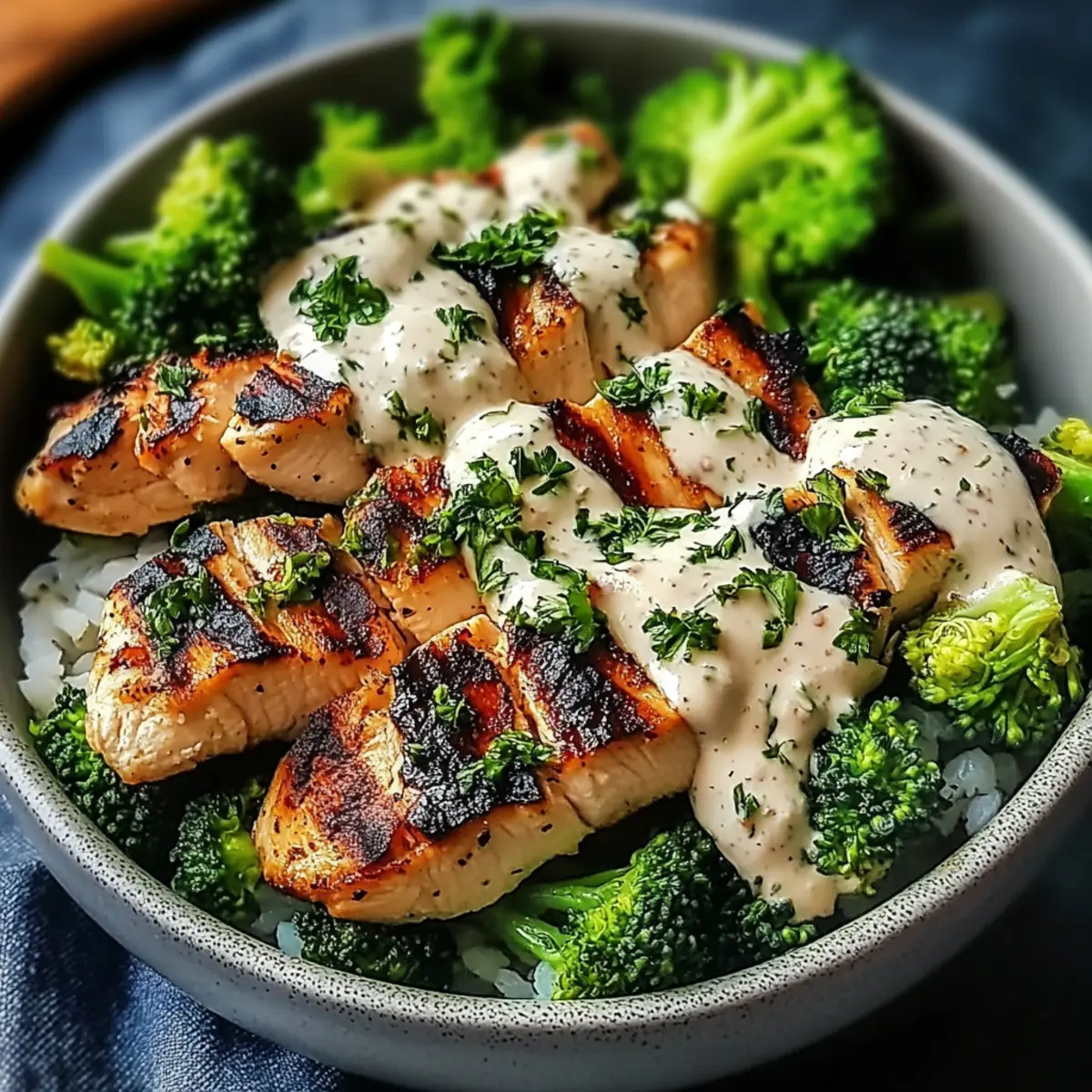 Healthy Grilled Chicken & Broccoli Bowls with Creamy Garlic Sauce