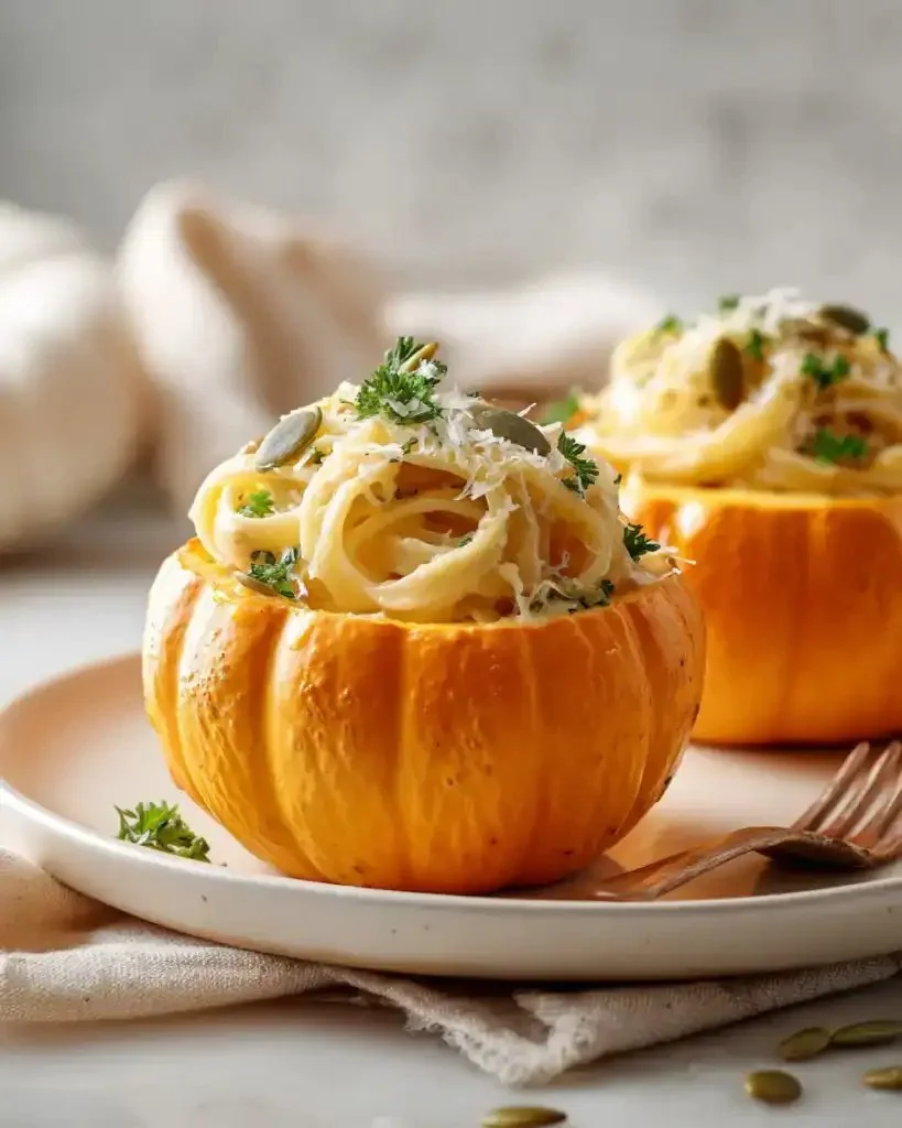 Delicious Pumpkin Alfredo Pasta Cauldrons served in a cozy fall setting