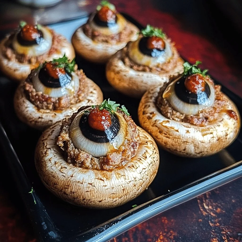 Stuffed mushroom eyeballs served on a plate, ideal for Halloween festivities.